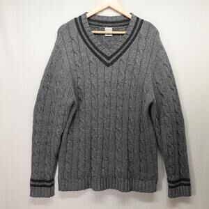 VTG Old Navy Sweater Mens Large Gray Cable Knit V Neck Heavyweight Preppy Tennis